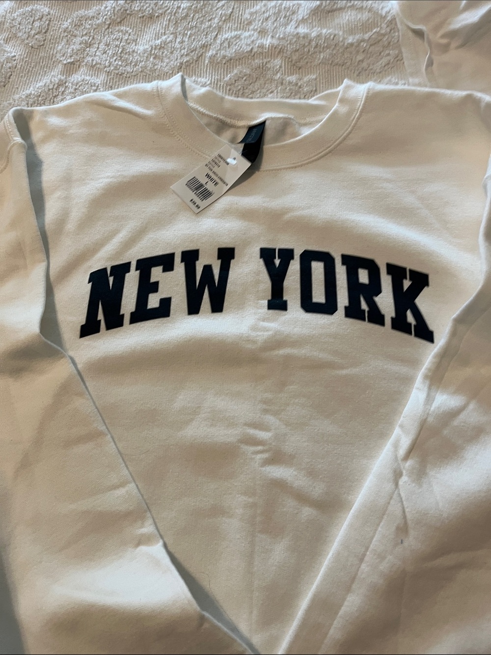 Gildan White Crewneck Sweatshirt with Navy Lettering